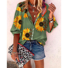 Sunflower Butterfly Print Button Down Shirt - green