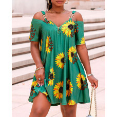 Sunflower Butterfly Print Cold Shoulder Swing Dress - green