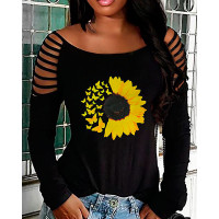 Sunflower Butterfly Print Cold Shoulder Top - black