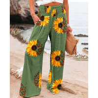 Sunflower Butterfly Print High Waist Wide Leg Pants - green