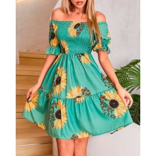 Sunflower Butterfly Print Off Shoulder Swing Dress - green