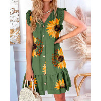 Sunflower Butterfly Print Ruffle Hem Casual Dress - green