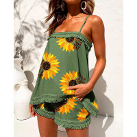 Sunflower Butterfly Print Tassel Trim Cami Top & Shorts Set - green