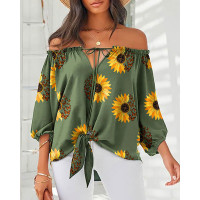 Sunflower Butterfly Print Tied Detail Off Shoulder Top - green