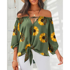 Sunflower Butterfly Print Tied Detail Off Shoulder Top - green