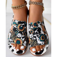 Sunflower Cow Leopard Print Hollow Out Slippers Summer Sandals - Multicolor