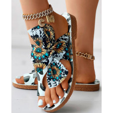 Sunflower Cow Print Tied Detail Toe Ring Slippers - Multicolor