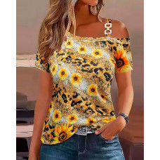 Sunflower Leopard Print Cold Shoulder T-shirt - yellow