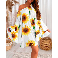 Sunflower Print Bell Sleeve Ruffle Hem Swing Dress - white