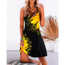 Sunflower Print Criss Cross Halter Casual Dress - black