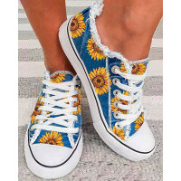 Sunflower Print Lace-up Canvas Sneakers - blue