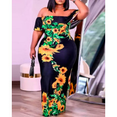 Sunflower Print Off Shoulder Maxi Dress - black