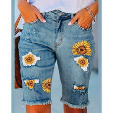 Sunflower Print Patchwork Pocket Design Denim Shorts - blue