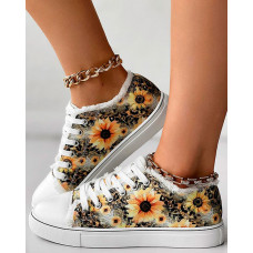 Sunflower Print Raw Hem Canvas Sneakers - yellow