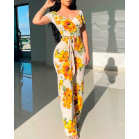 Sunflower Print Tied Detail Jumpsuit - yellow