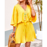 Surplice Neck Pleated Detail Romper - yellow