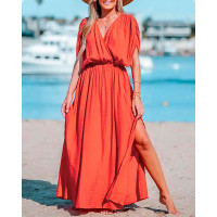 Surplice Neck Split Hem Ruched Maxi Dress - orange