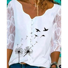 Swallow Print Three-quarter Sleeve Lace Patchwork Blouse - white