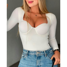 Sweetheart Neck Long Sleeve Top - white