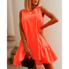 Swing Round Neck Ruffle Hem Casual Dress - orange