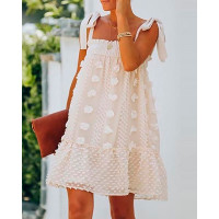 Swiss Dot Frill Hem Ruched Tied Strap Dress - white