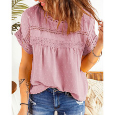 Swiss Dot Lace Patch Short Sleeve Casual Top - pink