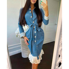 Swiss Dot Mesh Patch Button Design Shirt Dress - blue