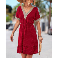 Swiss Dot Print Lace Patch Ruffle Hem Midi Dress - Wine red