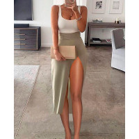 Tank Top & High Slit Midi Skirt Set - green