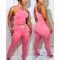 Tank Top & Stacked Drawstring Pants Set - pink