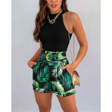 Tank Top & Tropical Print Shorts Set With Belt - black