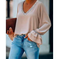 Tape Patch V-Neck Bell Sleeve Top - Apricot