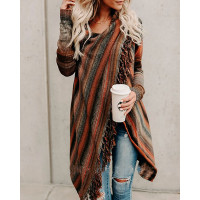 Tassel Decor Striped Print Long Sleeve Cardigan - black