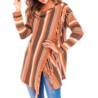 Tassel Decor Striped Print Long Sleeve Cardigan - orange