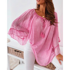 Tassel Design Asymmetrical Bell Sleeve Top - hot pink