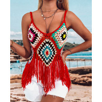 Tassel Design Beach Cover Up Geometric Crochet Top - red