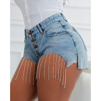 Tassel Design Button Fly Raw Hem Denim Shorts - blue