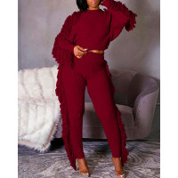 Tassel Design Knit Top & High Waist Pants Set - Wine red