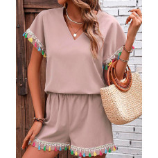 Tassel Design Lace Patch Top & Shorts Set - pink