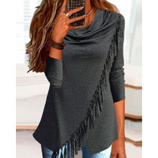 Tassel Design Long Sleeve Cowl Neck Top - Dark grey