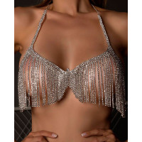 Tassel Design Rhinestone Decor Body Chain - silver