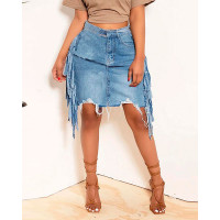 Tassel Design Ripped Denim Skirt - blue