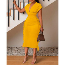 Tassel Design Ruched Plunge Midi Dress - yellow