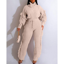 Tassel Design Sweater & Drawstring Pants Set - Apricot