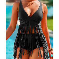 Tassel Design V-Neck Tankini Set - black