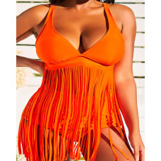 Tassel Design V-Neck Tankini Set - orange