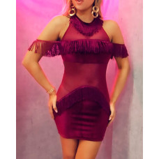 Tassel Detail Sheer Mesh Bodycon Dress - Wine red