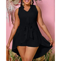 Tassel Trim Drawstring Dip Hem Top & Shorts Set - black