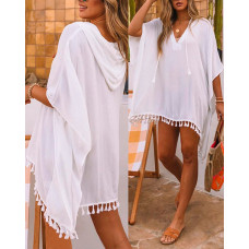 Tassel Trim Hooded Casual Dress - white