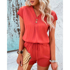 Textured Buttoned Top & Drawstring Shorts Set - red